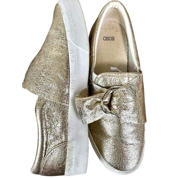 ASOS Metallic Gold Slip On Bow Platform Loafer Size 7 - Picture 2 of 11